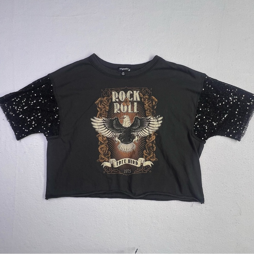 Originality - Black Graphic Cropped T-Shirt with Sequined Sleeves - Women’s - M